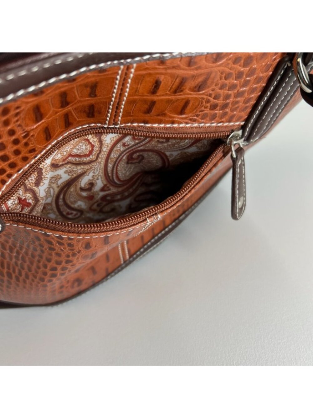 Silverake Shoulder Tote Bag Fleur De Lis Rhinestone Studded Croc Textured Brown - Picture 15 of 16